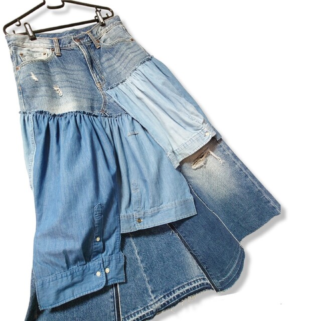 異素材MIX❤つぎはぎ デニム リメイクスカート レディースのスカート(ロングスカート)の商品写真
