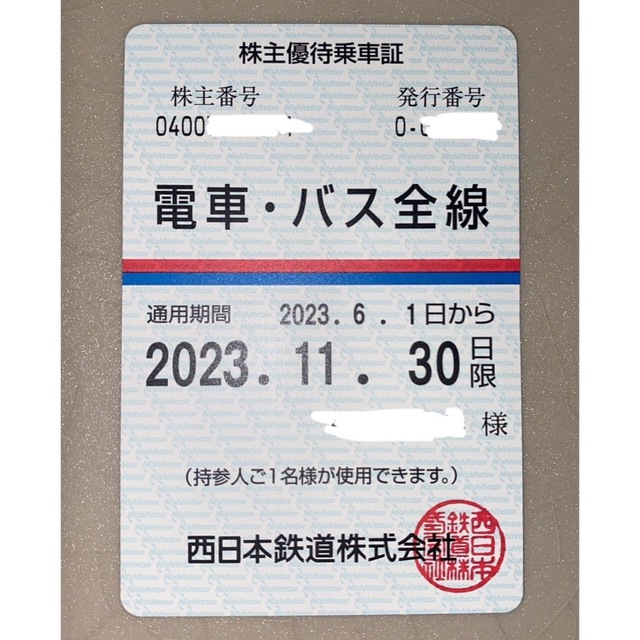 西鉄　西日本鉄道  株主優待乗車証 （定期タイプ） 電車全線