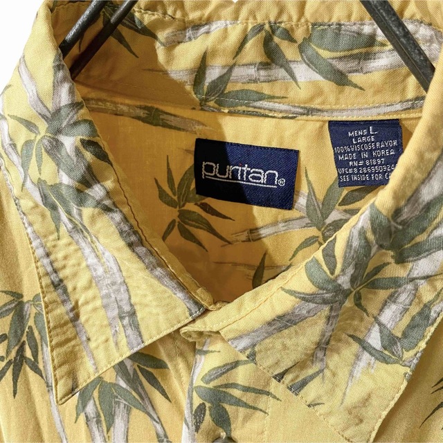 L イエロー 黄色 和柄 竹 レーヨン 個性的 総柄シャツ 半袖 古着 メンズのトップス(シャツ)の商品写真