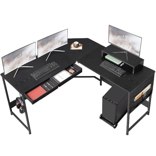 【色: 黒い】YeTom l字デスク 机 パソコンデスク パソコン本体トレイ付き簡易取付工具付き