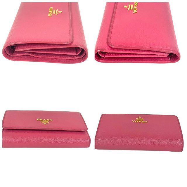 ✨美品✨プラダ 折り財布 ホック開閉 ゴールドロゴ サフィアーノレザー ピンク