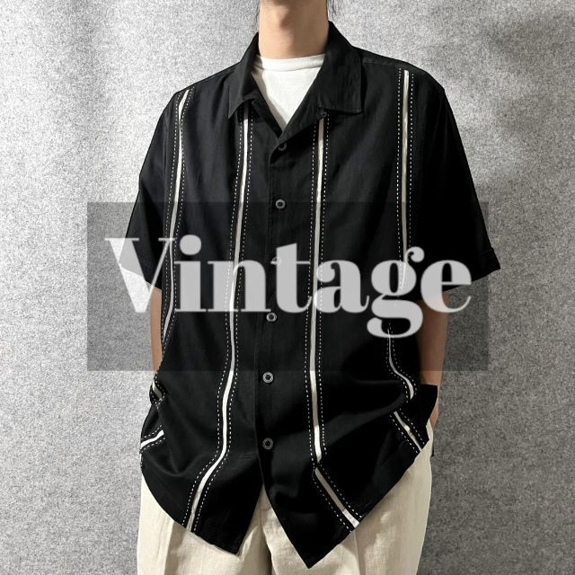 古着屋arie✿S129【vintage】立体 切替 ライン デザイン 半袖 オープンカラー シャツ 黒