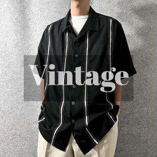 アートヴィンテージ(ART VINTAGE)の【vintage】立体 切替 ライン デザイン 半袖 オープンカラー シャツ 黒(シャツ)