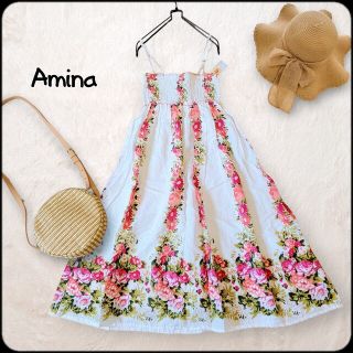 チャイハネ(チャイハネ)のaminaチャイハネ●新品未使用/美品♪インド綿鮮やか花柄ロングキャミワンピース(ロングワンピース/マキシワンピース)