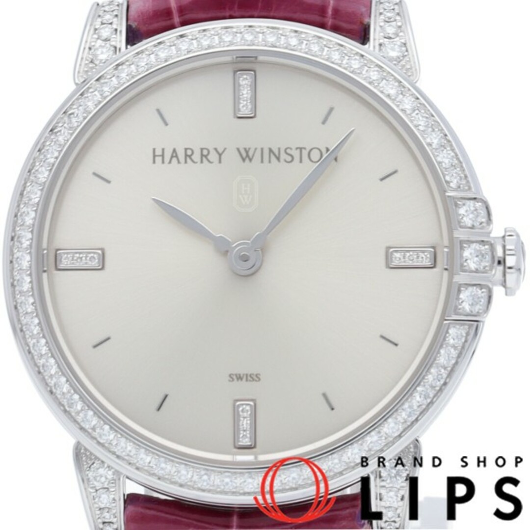 Harry Winston ミッドナイト 32mm ダイヤベゼル ダイヤラグ  MIDQHM32WW002 箱 保証書 K18WG/革 レディース時計 シルバー 仕上げ済 美品