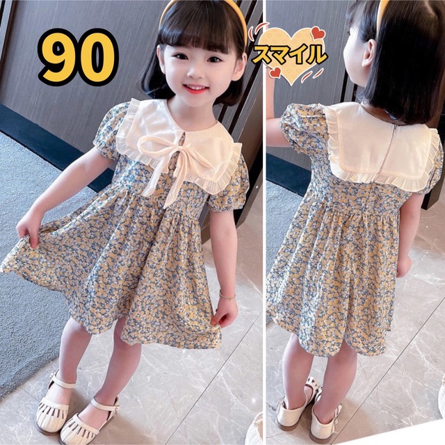 キッズワンピース　大きな襟　リボン　小花柄　女の子夏物90 キッズ/ベビー/マタニティのキッズ服女の子用(90cm~)(ワンピース)の商品写真