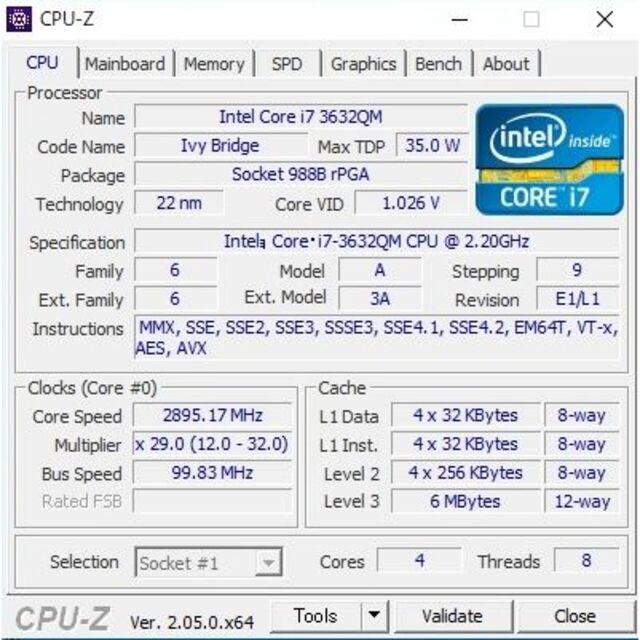 CPU Core i7-3632QM 2.20GHz SR0V0 4