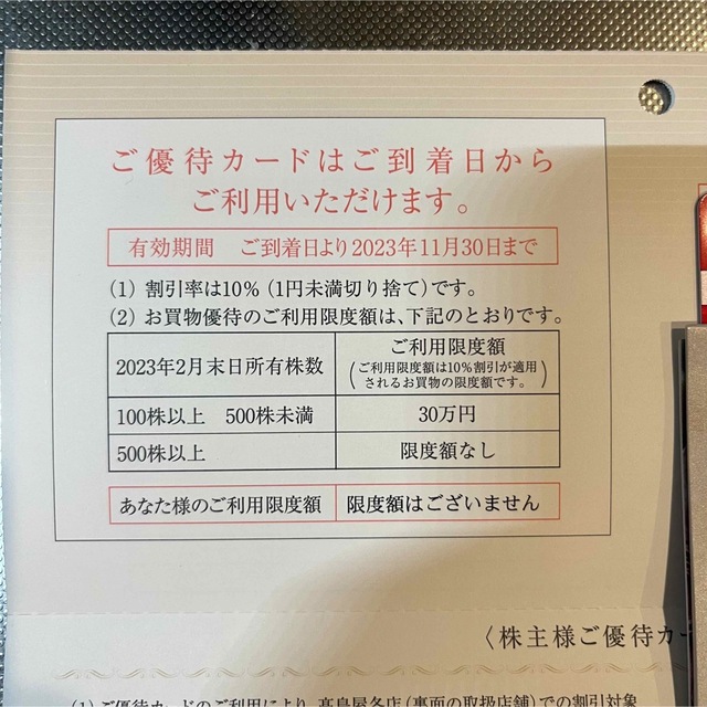 最新 高島屋 株主優待カード10％割引 限度額なし 23/11/30迄 男性名義 1