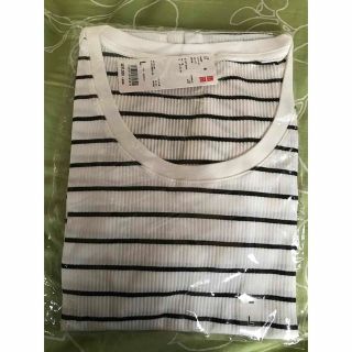 ユニクロ(UNIQLO)のユニクロリブボーダーUネックTシャツ 5分袖　Lサイズ(Tシャツ(半袖/袖なし))