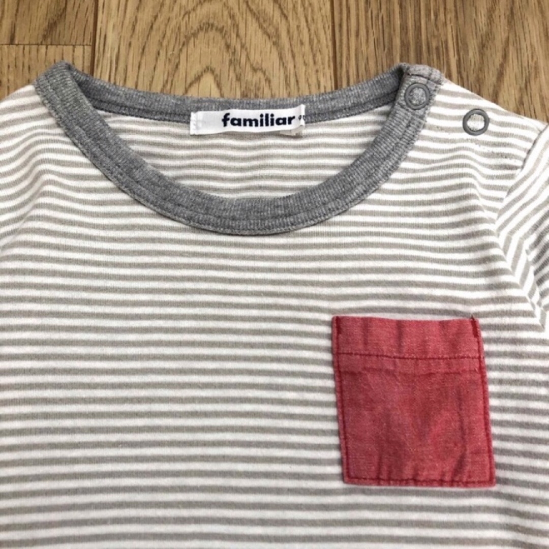 familiar(ファミリア)のぴー様専用!ファミリア グレー ボーダー 長袖 Tシャツ ロンT 90 キッズ/ベビー/マタニティのキッズ服男の子用(90cm~)(Tシャツ/カットソー)の商品写真