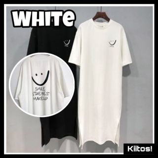 ニコちゃん Tシャツ ワンピース ロング丈 韓国 レディース 新品 ホワイト 白(ロングワンピース/マキシワンピース)