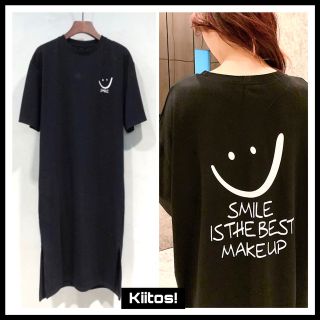 ニコちゃん Tシャツ ワンピース ロング丈 韓国 レディース 新品 ブラック 黒(ロングワンピース/マキシワンピース)