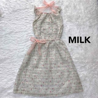 ミルク(MILK)の【美品】MILK 小花柄 キャミワンピース ウエストリボン チェック柄 膝丈(ひざ丈ワンピース)