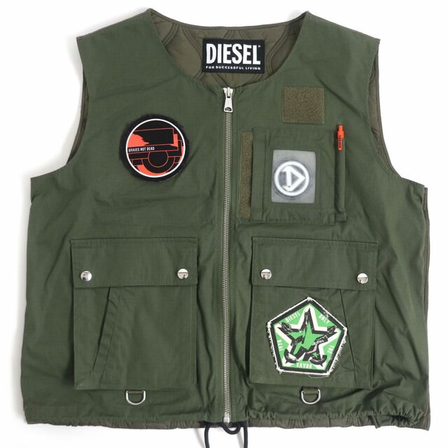 極美品□DIESEL/ディーゼル パッチワーク ジップアップ J-LUKI JACKET ミリタリーベスト/ユーティリティベスト/ジレ カーキ XL 正規品