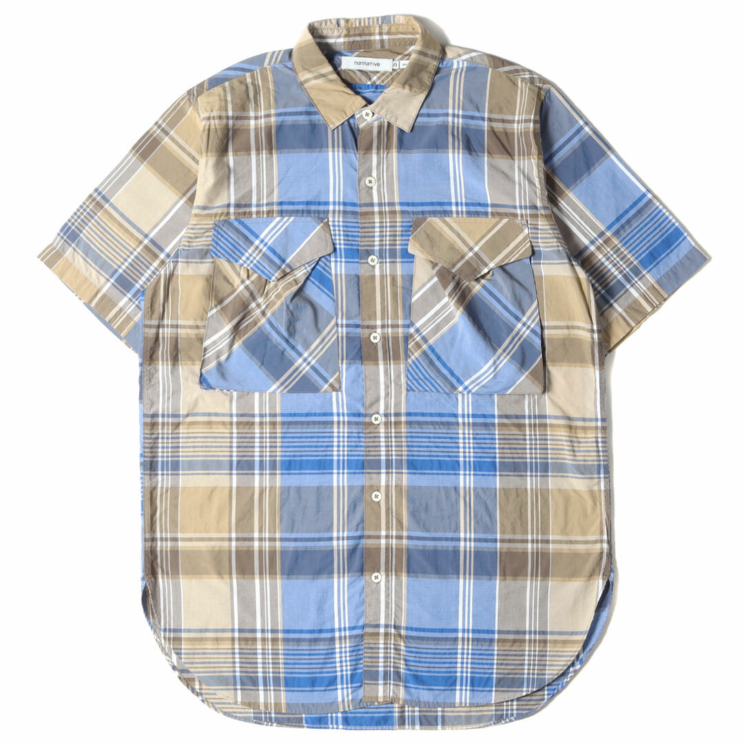 NONNATIVE ノンネイティブ シャツ サイズ:S マドラスチェック ロング 半袖 シャツ HUNTER LONG SHIRT S/S R/P MADRAS PLAID / NN-S3524 19SS ベージュ ブルー トップス カジュアルシャツ 【メンズ】【美品】