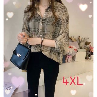 チェックシャツ ビッグシルエットブラウス シースルー ベージュ【4XLサイズ】 (シャツ/ブラウス(長袖/七分))