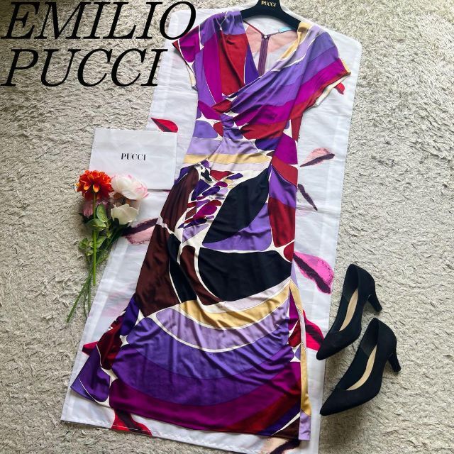 【良品】EMILIO PUCCI プッチ柄ロングワンピース パープル 半袖素材シルク