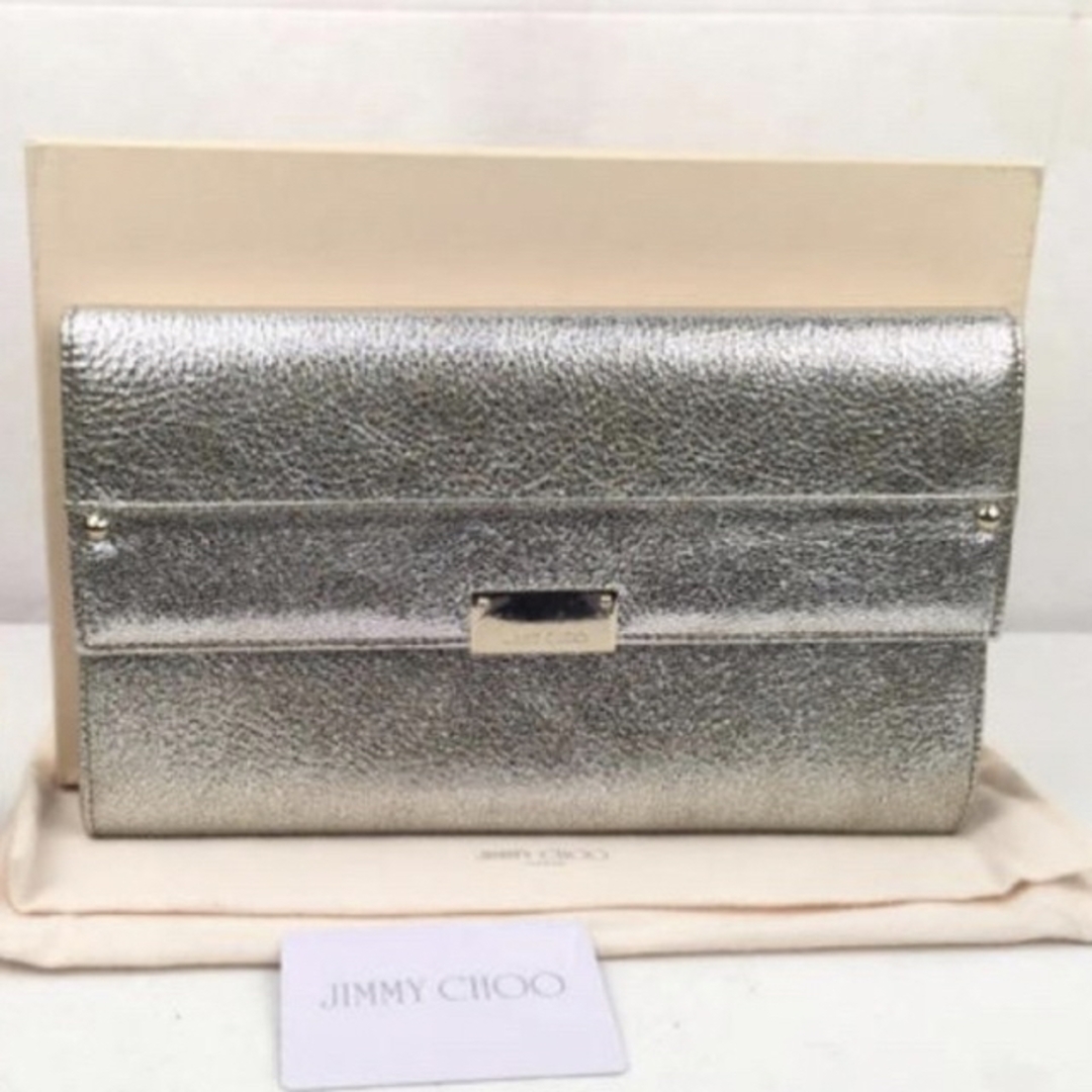 JIMMY CHOO レア ジミーチュウ メタリックシルバー クラッチバッグ-