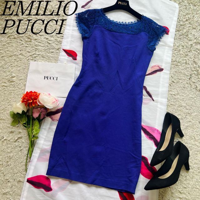 【美品】EMILIO PUCCI レースドッキングワンピース ブラック プッチ柄