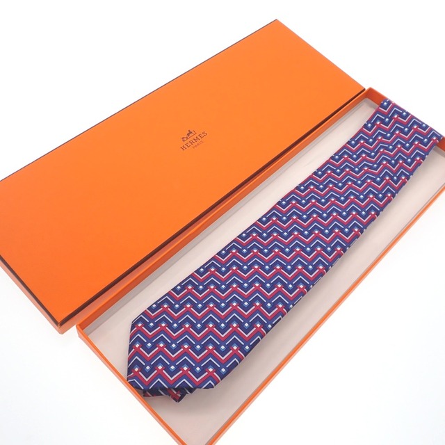 Hermes - 【中古】エルメス ネクタイ 青 × 赤 シルク 美品 絹 100