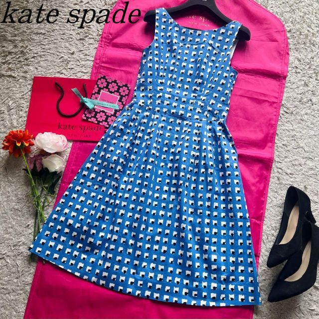 素材コットン【美品】kate spade 総柄フレアワンピース ブルー ノースリーブ 4 L