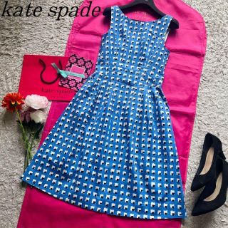 ケイトスペードニューヨーク(kate spade new york)の【美品】kate spade 総柄フレアワンピース ブルー ノースリーブ 4 L(ひざ丈ワンピース)