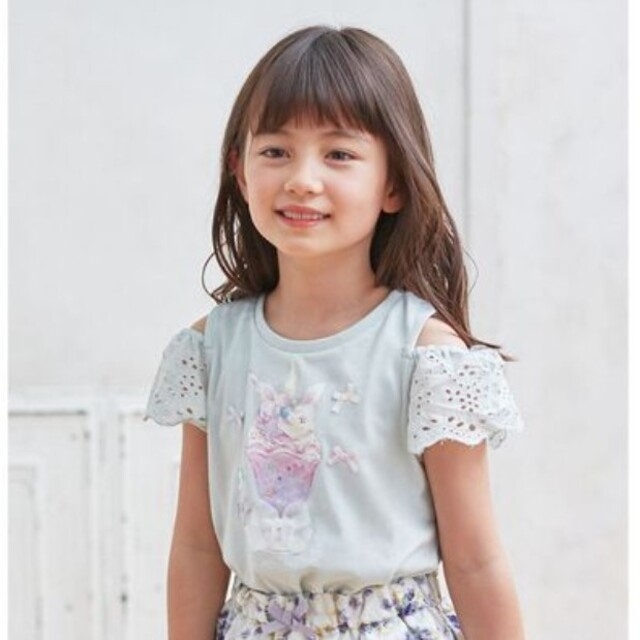 anyFAM(エニィファム)の女児120cm　接触冷感ショルダーTシャツ　エニィファム　ライトグリーン キッズ/ベビー/マタニティのキッズ服女の子用(90cm~)(Tシャツ/カットソー)の商品写真