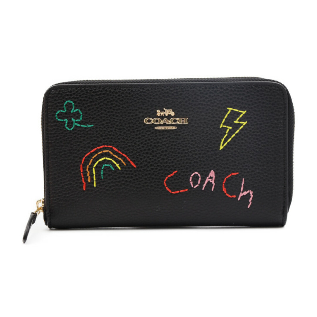 COACH コーチ  ミディアム ジップ アラウンド ウォレット 二つ折り財布 C9104   レザー ブラック マルチカラー ゴールド金具 ラウンドファスナー 【本物保証】