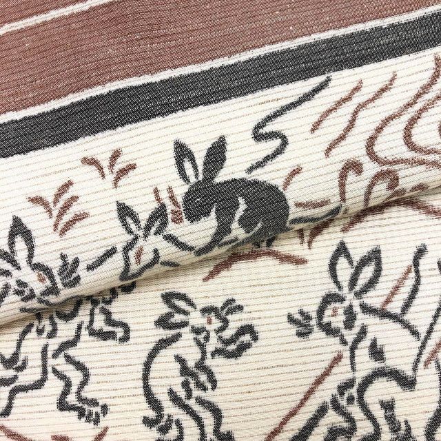 O-2759 名古屋帯 紬 巻物に鳥獣戯画 小鹿色