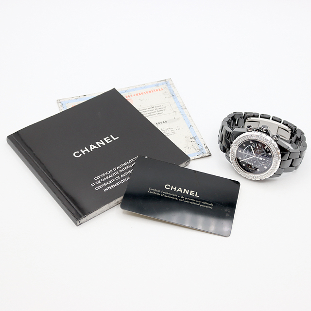 CHANEL シャネル J12 クロノグラフ 41mm H2419 デイト 純正ダイヤモンド 9Pダイヤ 黒 ブラック CE セラミック SS  ステンレス アフターダイヤベゼル メンズ 自動巻き 【6ヶ月保証】【腕時計】【中古】