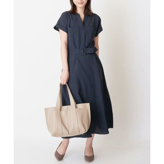 新品✨タグ付き♪麻素材 上品なワンピース サイズ36 ネイビー - その他