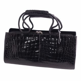 クロコダイル(Crocodile)の美品 クロコダイル CROCODILE バッグ ハンドバッグ トートバッグ シャイニークロコ ワニ革 カバン レディース ブラック(ハンドバッグ)