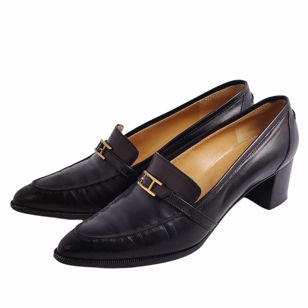 美品 エルメス HERMES パンプス ローファー モカシン ヒール Hロゴ金具 カーフレザー シューズ レディース 36.5(23.5cn相当) ブラック