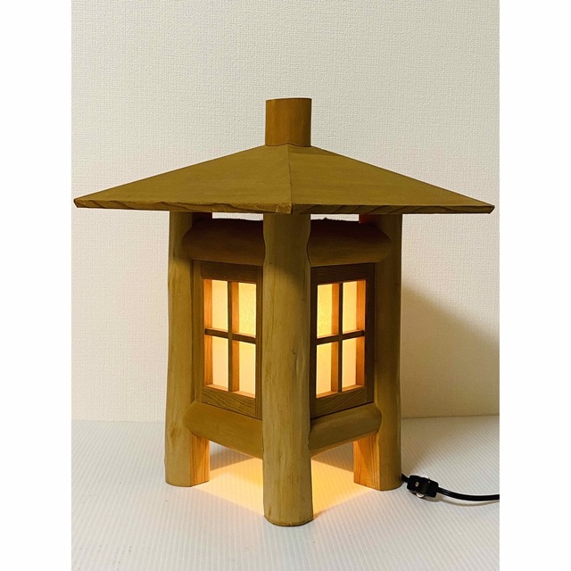 【 美品 】高さ40㎝  大型木製丸太  和風  古民家風  小屋型置き灯籠