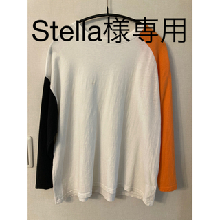 韓国子供服　袖切り替え　ロングTシャツ　130cm 白×黒×オレンジ(Tシャツ/カットソー)