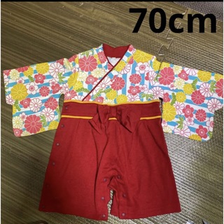 袴ロンパース　70cm 花柄　和柄　着物　和服　朱色　赤　大正レトロ(和服/着物)