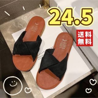 フラットサンダル【黒/24.5cm】ぺたんこ ツイストリボン レディース(サンダル)