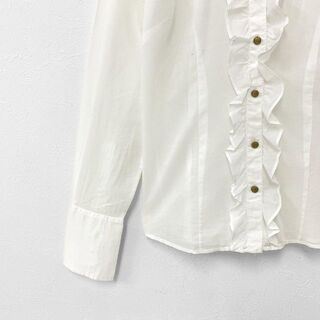 バナリパ フリル メタルボタン デザイン コットンローン ホワイト 長袖 シャツ