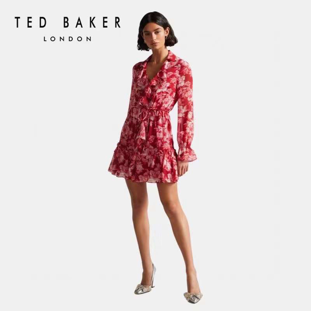 TED BAKER(テッドベイカー)の❤️ 【人気作】新作Ted Baker    赤　花柄　長袖　ワンピース    レディースのワンピース(ひざ丈ワンピース)の商品写真