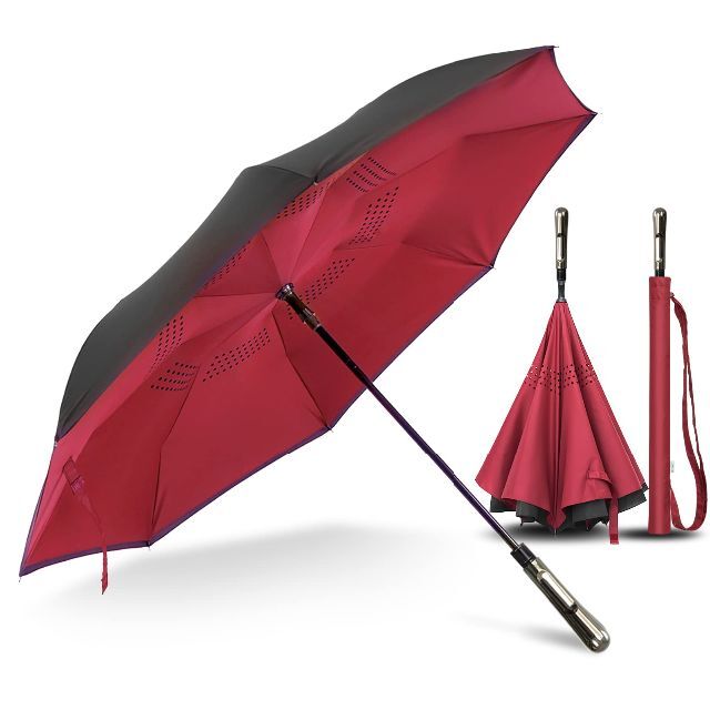 【色: Red】LFLFWY 逆折りたたみ傘 二重層通風設計 逆傘を自動的に開く