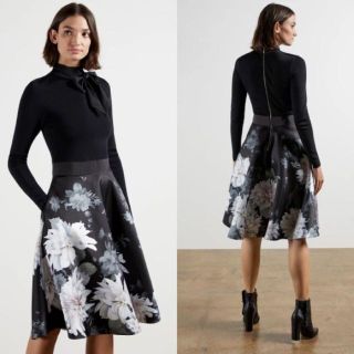 ロシア TED BAKER プリーツ ペプラム タイト ワンピース グレー