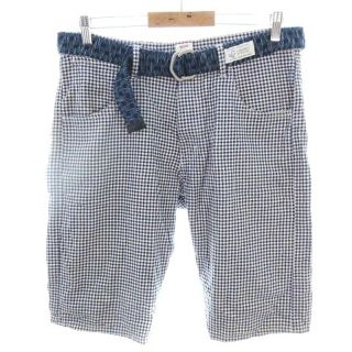 ビームス(BEAMS)のビームス パンツ ハーフ ショート ベルト 麻混 チェック L 青 ベージュ(ショートパンツ)