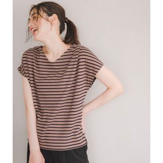 グローバルワーク(GLOBAL WORK)のGLOBAL WORKリラックス美人フレンチ 半袖 ブラウン系ボーダー(Tシャツ/カットソー(半袖/袖なし))