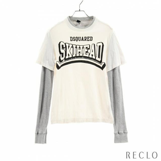 フェイクレイヤード Tシャツ カットソー 長袖 ロゴプリント ホワイト グレー ダメージ加工