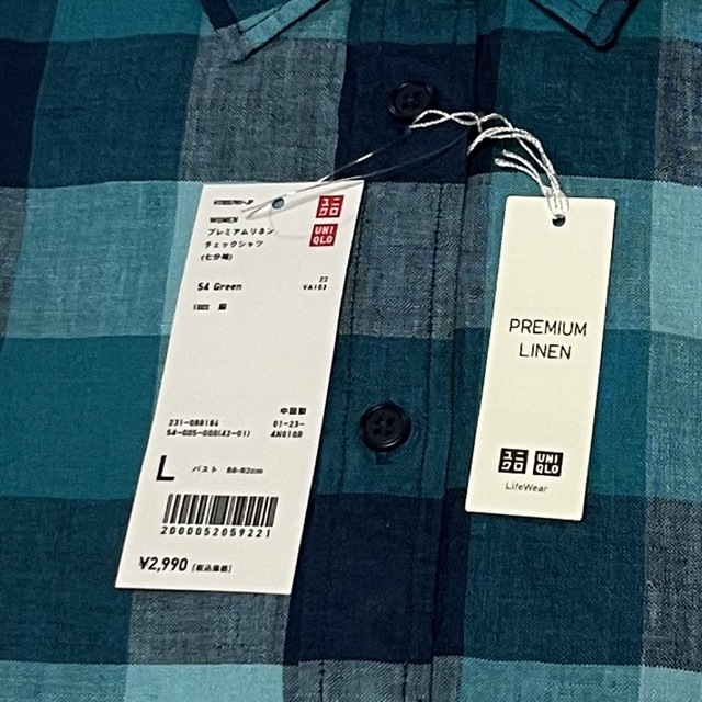 UNIQLO - ユニクロ プレミアムリネン チェックシャツ ブルー系 七分袖 ...