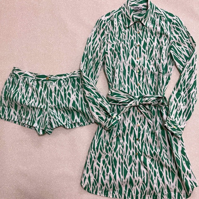 DIANE von FURSTENBERG シャツワンピース　総柄　パンツ付　緑