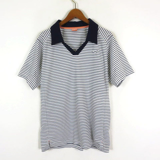 プーマ(PUMA)のプーマ ゴルフ ポロシャツ ボーダー ロゴ 刺繍 スキッパー 半袖 L 白 紺(ウエア)