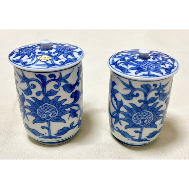 新品　清水焼　瑞　染付花柄　蓋付き夫婦湯呑　フリ－カップ