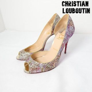 良品 綺麗 Christian Loubtin 総柄 サテン ハイヒールサンダル