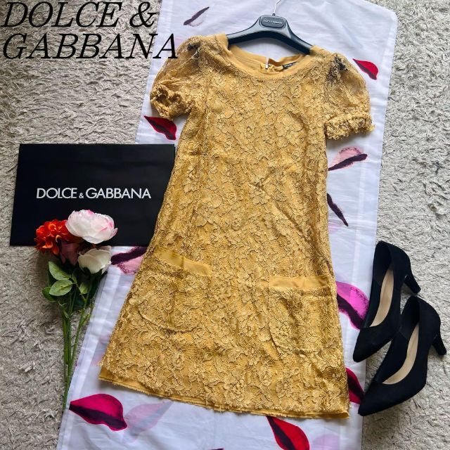 美品】DOLCE&GABBANA 総レースワンピース イエロー 36 半袖 ドルチェ